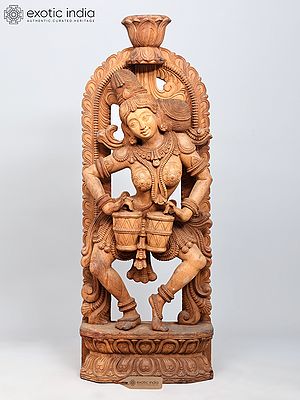 42" Large Apsara Dancing and Playing Drum | Wood Carved Statue