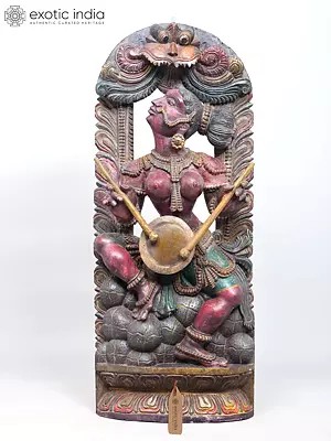 36" Large Apsara Playing Drum | Wood Carved Statue