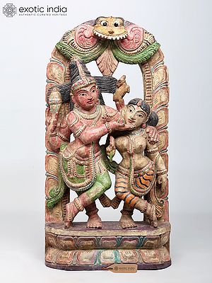 28" Wooden Lord Shiva Dancing with Goddess Parvati with Kirtimukha (Ananda Tandava)