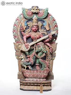 44" Large Goddess Saraswati Dancing and Playing Veena on Kirtimukha Throne | Wood Carved Statue