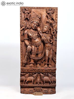 36" Large Standing Lord Vishnu with Goddess Lakshmi | Wood Carved Statue Wall Hanging and Standing Both