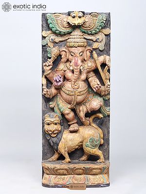 36" Large Lord Ganesha Dancing on Lion | Wood Carved Statue