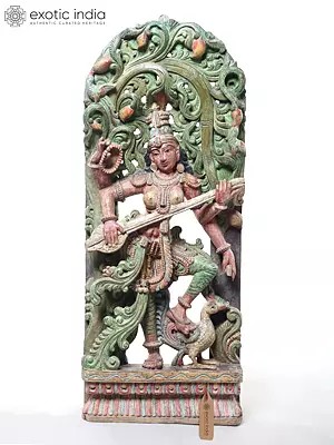 36" Large Standing Goddess Saraswati Playing Veena | Wood Carved Statue
