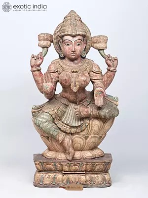 36" Large Blessing Goddess Lakshmi Seated on Lotus | Wood Carved Statue