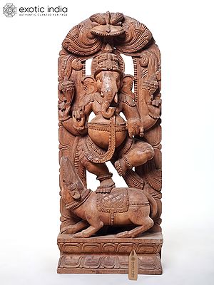 36" Large Lord Ganesha Dancing on Mushak | Wood Carved Statue