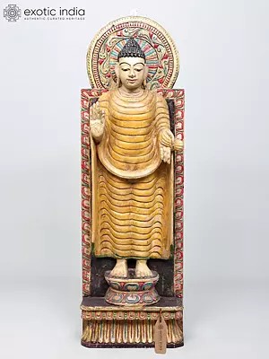 36" Large Standing Buddha | Wood Carved Statue