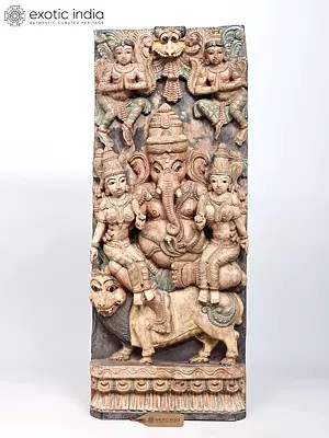 36" Large Lord Ganesha Seated on Lion with Riddhi and Siddhi | Wood Carved Statue | Standing and Wall Hanging Both