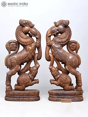 38" Large Pair of Yali with Elephant | Wood Carved Statues