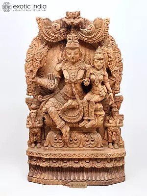 25'' Finely Carved Shiva Parvati Seated Together | Wood Carved Statue