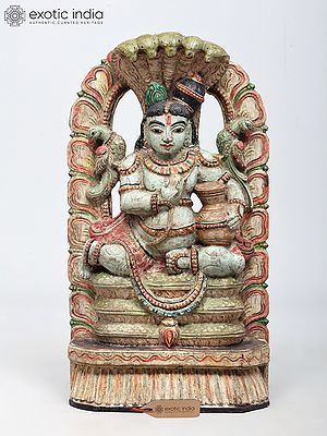 24'' Hindu God Butter Krishna Seated On Sheshnag | Wood Carved Statue