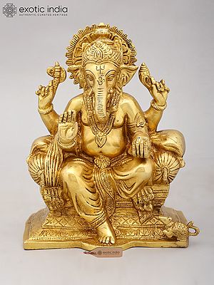 9" Brass Lord Ganesha Statue Seated on Throne | Handmade | Made in India