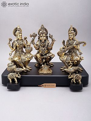 12" Superfine Lakshmi Ganesha Saraswati Brass Idols Seated on Wood Base