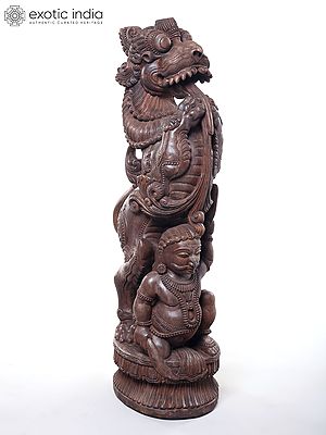 Temple Guardian Yali with Attendant Figure – Handcarved Wooden Sculpture