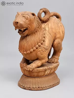 Majestic Wooden Yali Lion Sculpture - Temple Guardian