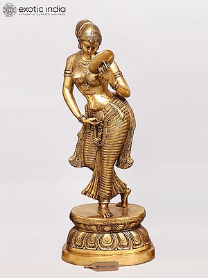 36" Lady with a Mirror (Apsara) in Brass | Handmade Artisan Crafted Idol