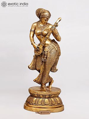 36" Large Size Apsara Playing Veena | Brass Statue | Handmade | Made in India