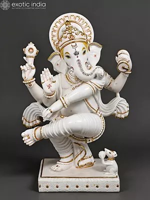 36" Large Dancing Ganesha | Handmade | White Marble Ganesha | Ganpati Statue