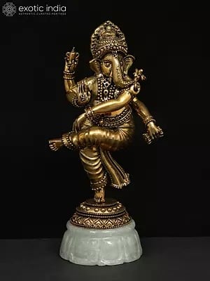7" Superfine Brass Lord Ganesha Dancing on Green Aventurine Gemstone Base