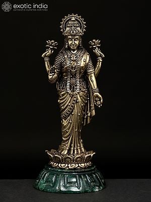 5" Small Brass Superfine Goddess Lakshmi Standing on Green Aventurine Gemstone Base