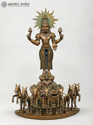 25" Lord Surya Standing on His Seven Horses Chariot | Madhuchista Vidhana (Lost-Wax) | Panchaloha Bronze from Swamimalai