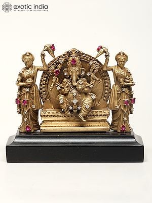 3" Small Seated Lord Ganapati With Riddhi And Siddhi | Brass Idol for Car Dashboard