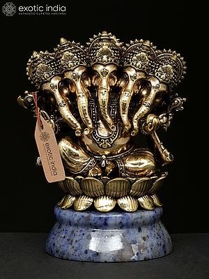 4" Small Brass Superfine Panchamukhi Lord Ganesha on Amethyst Gemstone Base