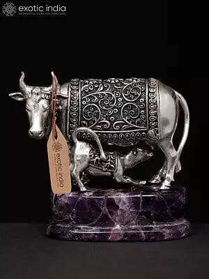 4" Small Brass Cow and Calf on Amethyst Gemstone Base