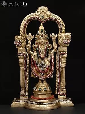 13" Standing Lord Tirupati Balaji (Venkateshvara) with Kirtimukha Prabhavali | Brass Statue