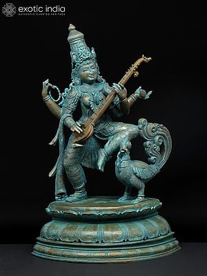 30" Large Goddess Saraswati Dancing and Playing Veena | Madhuchista Vidhana (Lost-Wax) | Panchaloha Bronze from Swamimalai