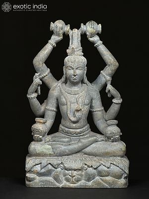 12" Six Armed Mahamrityunjaya Mahadev | Grey Stone Statue | Made In Orissa