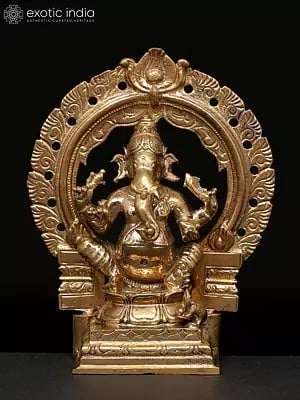 4" Small Four Armed Lord Ganesha Seated on Throne | Madhuchista Vidhana (Lost-Wax) | Panchaloha Bronze from Swamimalai