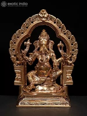 5" Small Chaturbhuja Lord Ganesha Seated on Kirtimukha Throne | Madhuchista Vidhana (Lost-Wax) | Panchaloha Bronze from Swamimalai
