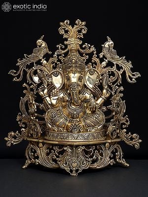 17" Fine Blessing Lord Ganesha Seated on Beautiful Throne | Brass Statue
