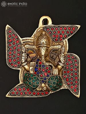 5" Small Blessing Lord Ganesha on Swastik | Wall Hanging | Brass Statue with Inlay Work