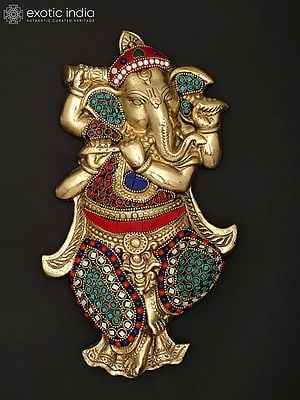 10" Small Lord Ganesha Dancing and Playing Flute | Wall Hanging | Brass Statue with Inlay Work