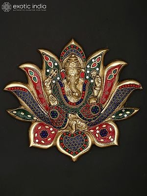 10" Bhagawan Ganesha on Lotus | Wall Hanging | Brass Statue with Inlay Work