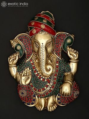 10" Pagadi Ganesha | Wall Hanging | Brass Statue with Inlay Work