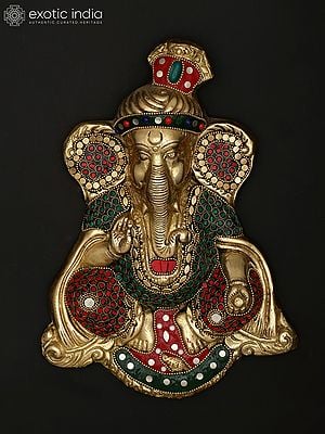 10" Turbaned Blessing Lord Ganesha | Wall Hanging | Brass Statue with Inlay Work