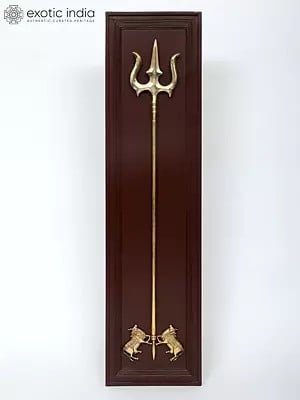 55" Pair of Kamadhenu Cow with Trishul | Wood Framed Brass Sculpture | Wall Hanging