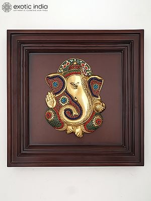 16" Brass Blessing Lord Ganesha with Inlay Work | Wood Framed Sculpture | Wall Hanging