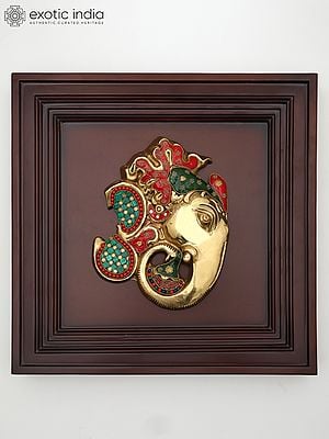 16" Brass Stylized Lord Ganesha with Inlay Work | Wood Framed Sculpture | Wall Hanging