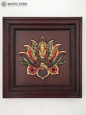 16" Brass Lotus Ganesha with Inlay Work | Wood Framed Sculpture | Wall Hanging