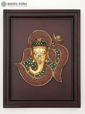 16" Brass Om Ganesha with Inlay Work | Wood Framed Sculpture | Wall Hanging