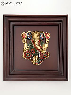16" Chaturbhuja Lord Ganesha | Wood Framed Brass Sculpture with Inlay Work | Wall Hanging