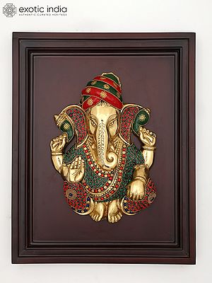 16" Brass Lord Ganapati with Inlay Work | Wall Hanging | Wood Framed Sculpture