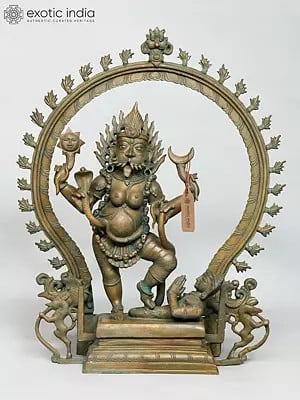 25" Standing Goddess Pratyangira with Kirtimukha Prabhavali | Madhuchista Vidhana (Lost-Wax) | Panchaloha Bronze from Swamimalai