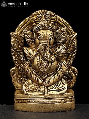 4" Small Leaves Ganesha on Kirtimukha Throne | Brass Statue
