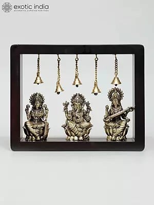 10" Superfine Lakshmi Ganesha Saraswati | Wood Framed Brass Sculptures | Wall Hanging