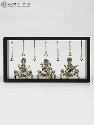 17" Wood Framed Superfine Brass Lakshmi Ganesha Saraswati with Dangling Bells | Wall Hanging