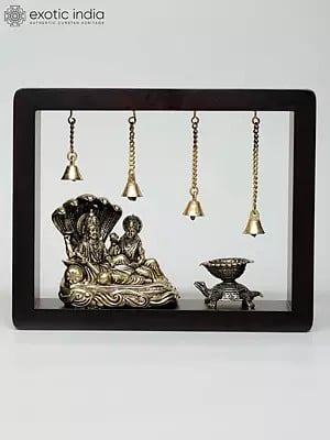 10" Superfine Lakshmi - Narayan Seated on Sheshnag with Tortoise Diya | Wood Framed Brass Sculpture | Wall Hanging